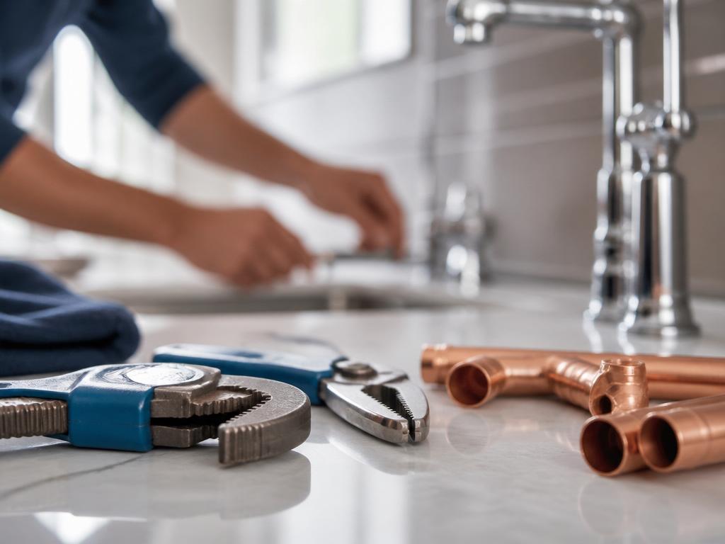 Plumbing tools and copper pipes on a clean residential countertop